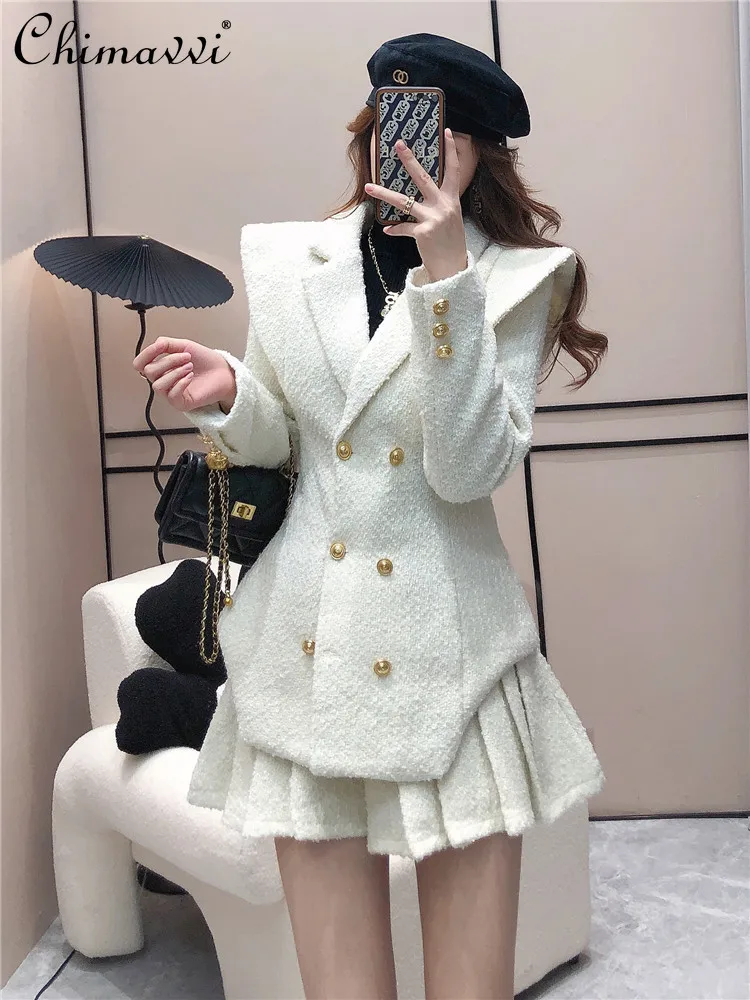 

High-End Suit Female 2022 New Winter Clothes Fashion Slim Mid-Length Tweed Coat High Waist Pleated Skirt Temperament Twinset