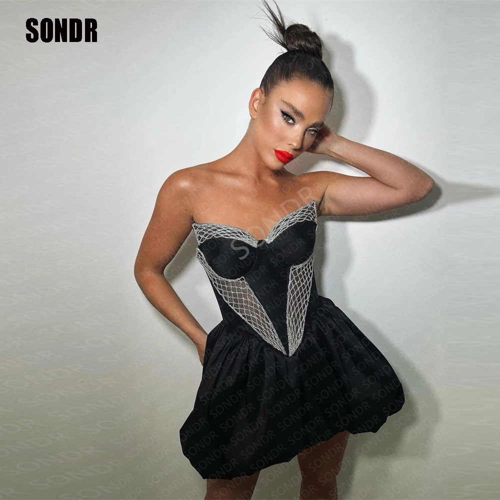 

SONDR Black Sexy Satin Short Event Prom Night Dresses Sleevelss Mini Shiny Evening Party Gowns Formal Occasion Dress Gown