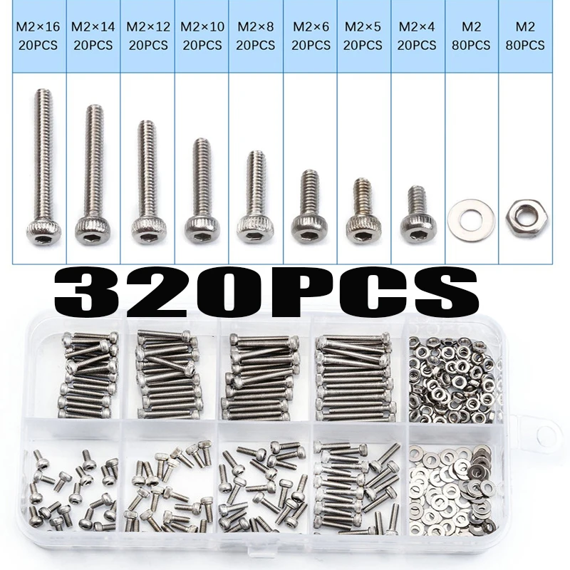 

320PCS 304 Stainless Steel M2 Hexagon Socket Head Cap Screws Bicycle Hex Bolts With Nut Flat Washer Assortment Tool Box