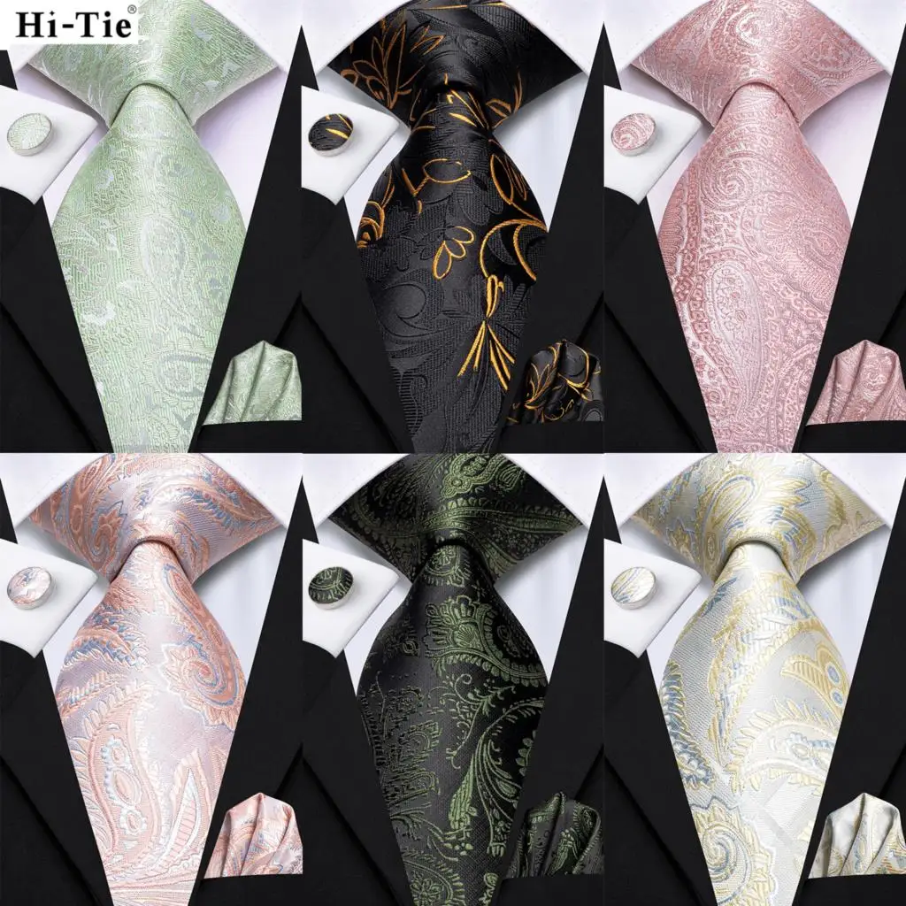 

Hi-Tie Men Fashion Paisley Sage Green Necktie Handkerchief Cufflinks for Tuxedo Accessory Classic Silk Luxury Tie for Man Gift