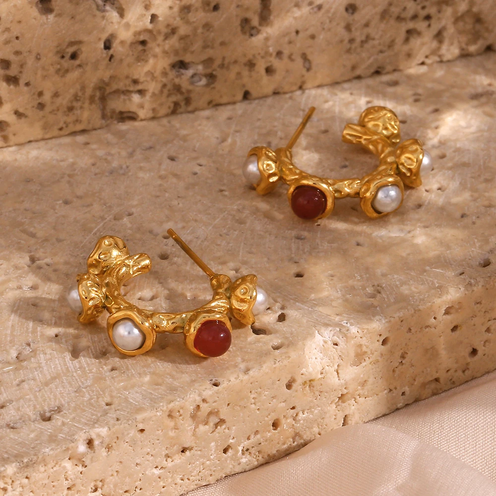 

2023 Trendy Girls Y2K Jewelry Syntheic Pearl Red Carnelian Natural Stone Setted Vintage Flower Shape Stainless Steel Earring