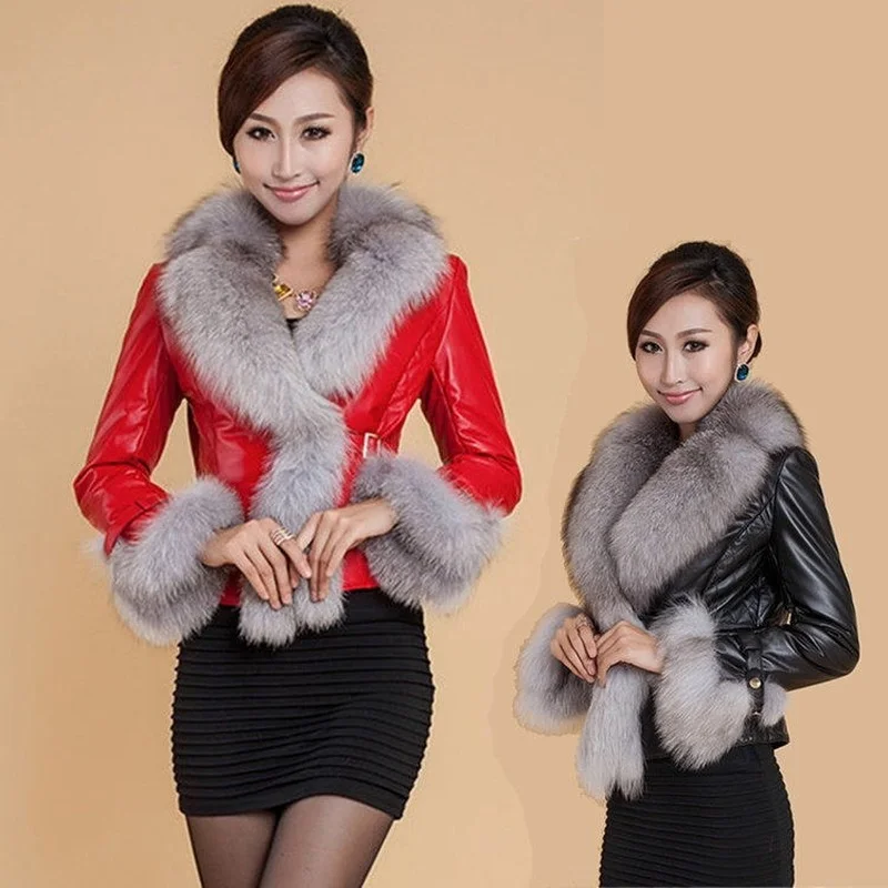 New Winter Leather Jacket Women Coat Faux Fox Fur Collar Short Coat PU Leather Female Jacket Elegant Motorcycle Zipper Outerwear