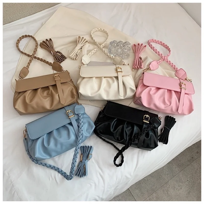 Fashion Pleated Handlebags For Women PU Bags Retro Solid Color Leather Shoulder Underarm Bag Casual Womens Hobos Handbags