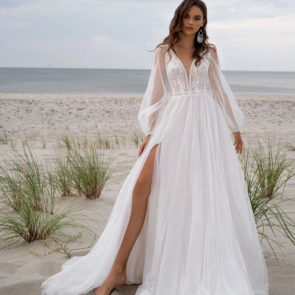 

Boho Bride Gowns V-Neck Tulle Lace Applique Long Puff Sleeve Illusion Zipper Back Wedding Dreses Side Split Vestido De Noiva