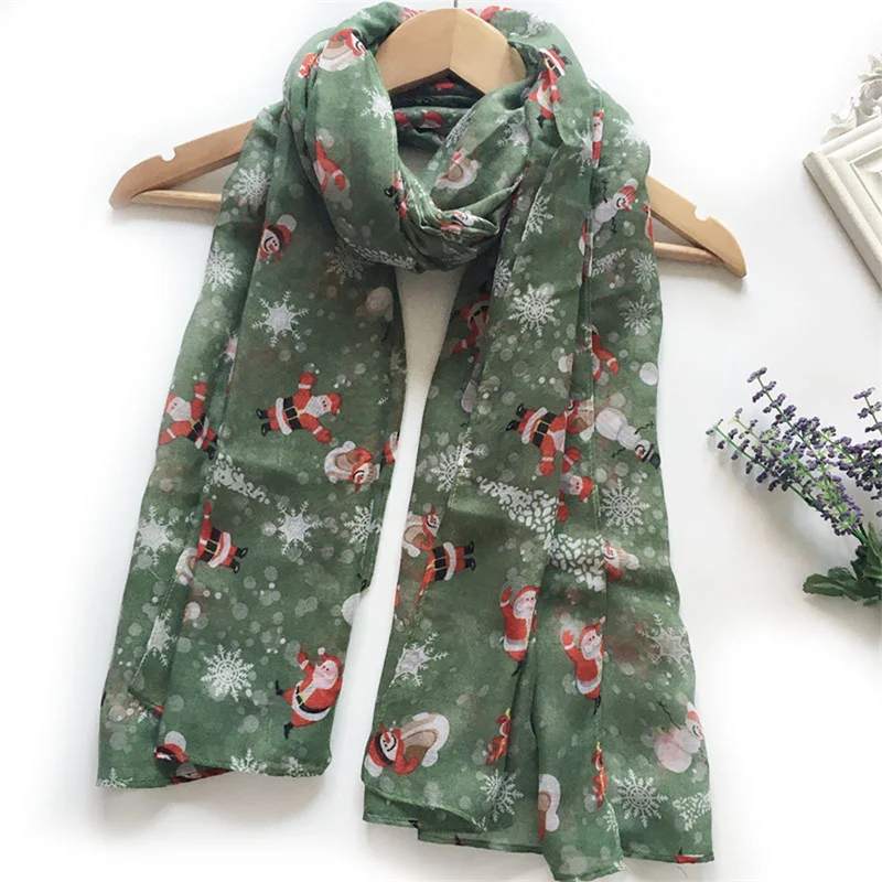 

Зеленый Рождественский шарф, шарф из Балийской пряжи с принтом Санта-Клауса, снеговика, лося, праздничный подарок для девочки
