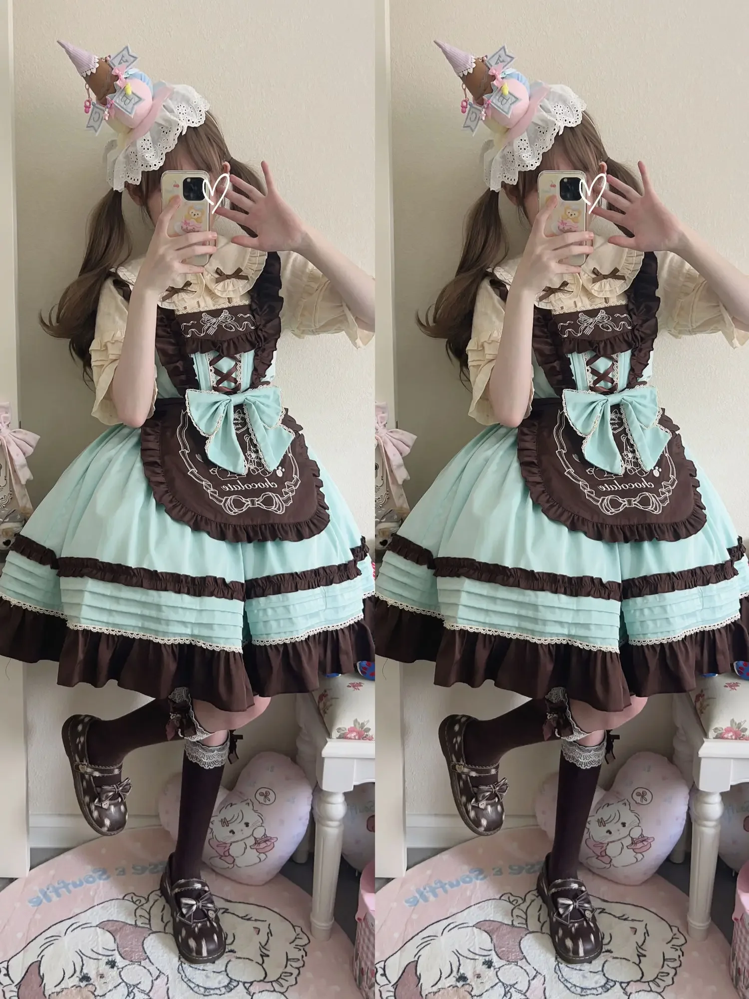 

Japanese New Kawaii Mint chocolate Ruffles JSK Cute Bow Lace Dresse Sweet Lolita Style Soft Girl Women'S Summer Dress