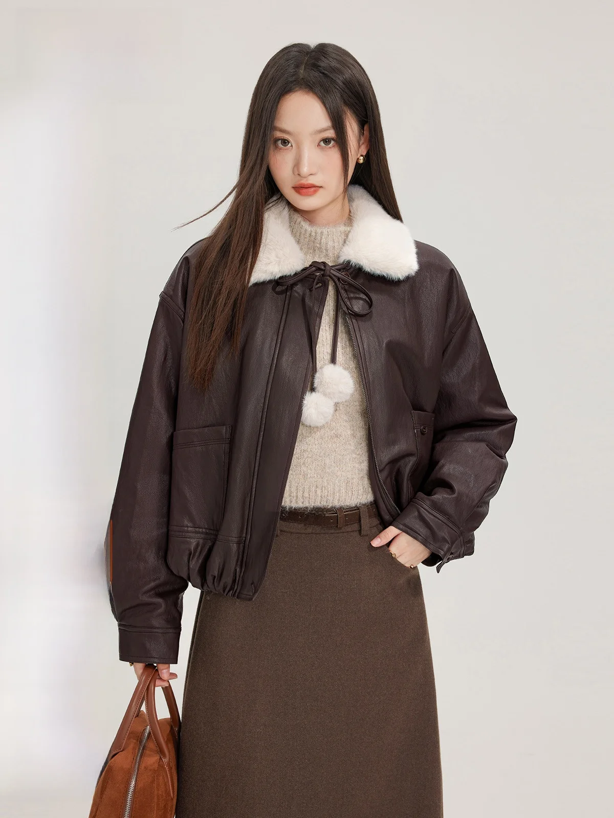 Zhang Doudou Maillard кофейного цвета кожаное пальто верхняя одежда женская осенне-зимняя