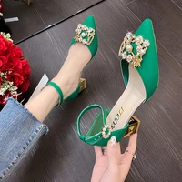 applique premium green thick square root 5cm high heel shoes design elastic band women sandals metal root elegant womens shoes