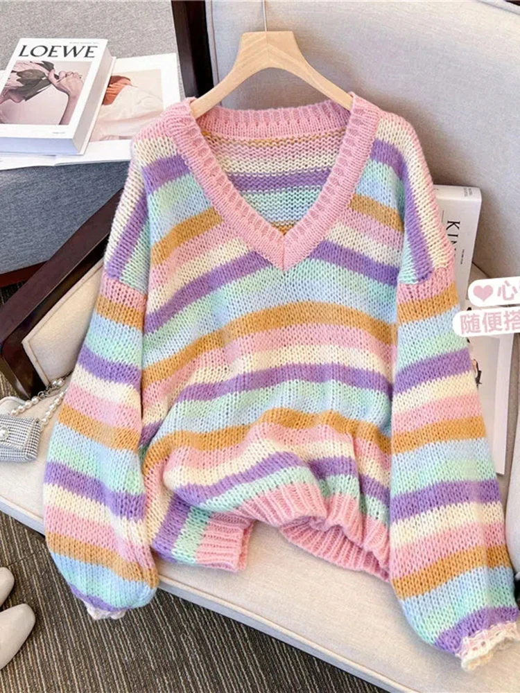

JMPRS Rainbow Striped Women Pullover Sweater Sweet Japan Casual V Neck Knitted Jumper Loose Fall Soft Ladies Top Fashion Sweater