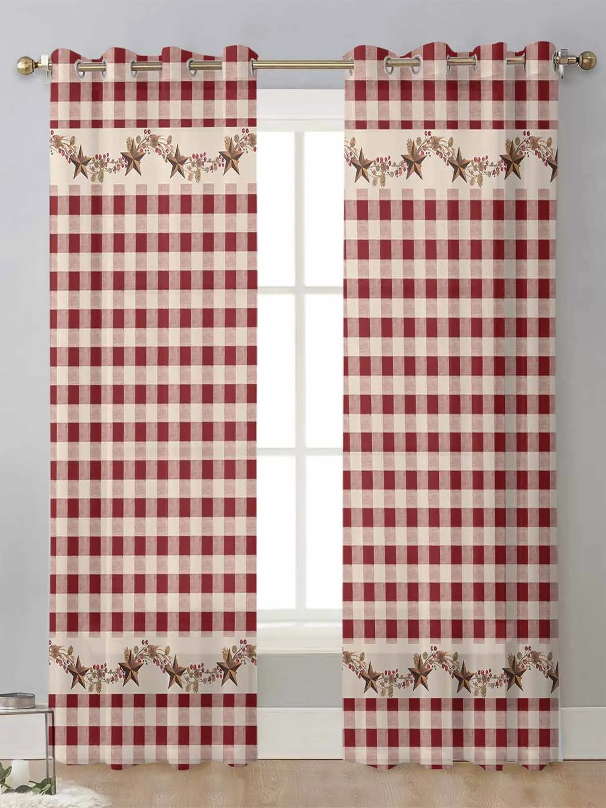 

Country Style Retro Red Plaid Sheer Curtains For Living Room Window Transparent Voile Tulle Curtain Cortinas Drapes Home Decor