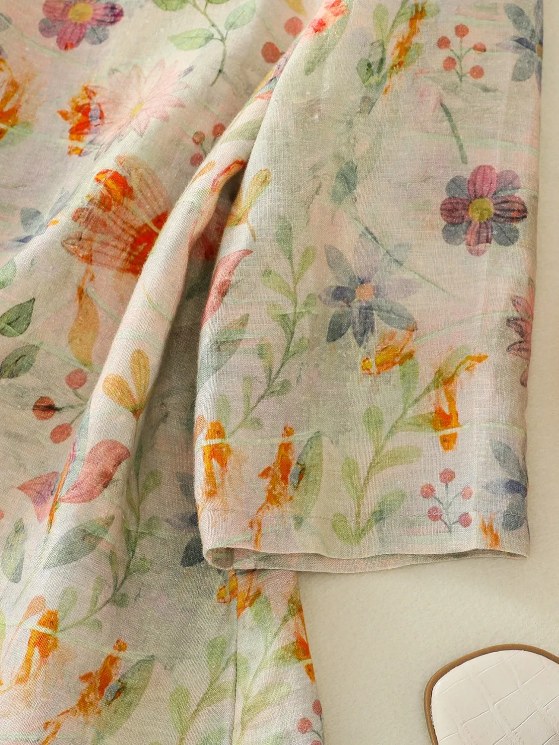 Рубашка женская из хлопка и льна с диагональными пуговицами круглым вырезом