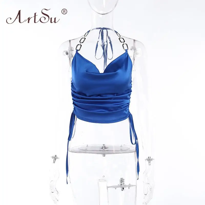 Кроп-Топ женский атласный без рукавов с открытой спиной и рюшами |