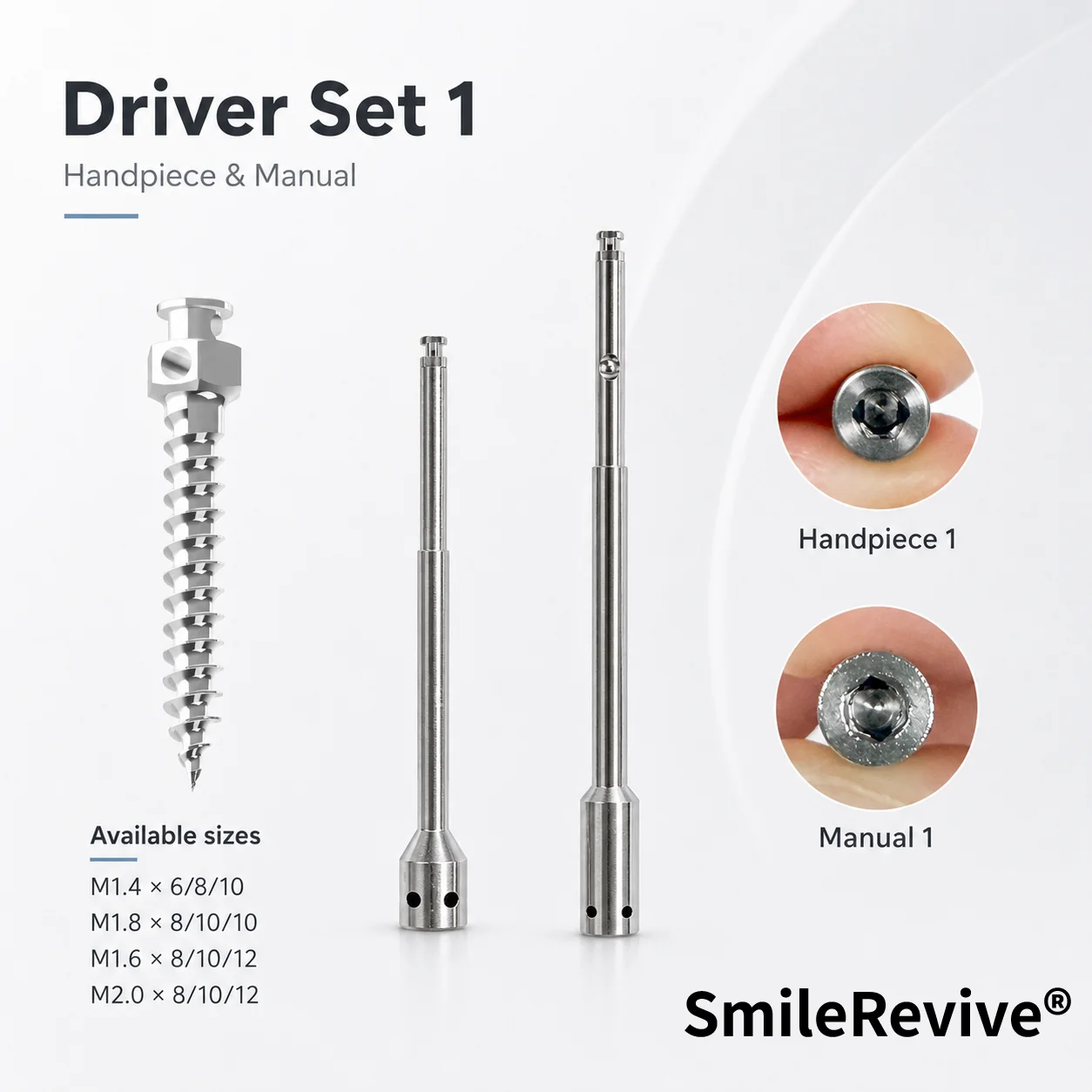 Фото Набор инструментов SmileRevive: держатель для имплантационных винтов, шестигранный ключ, насадка-чук, контра-угловая насадка, лабораторный инструмент из нержавеющей стали №2