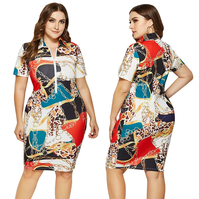 

LIZHILIZHI Summer New Print Lapel Zip Pencil Skirt Middle East Large Size Dress Women's Dress Daily Commuter