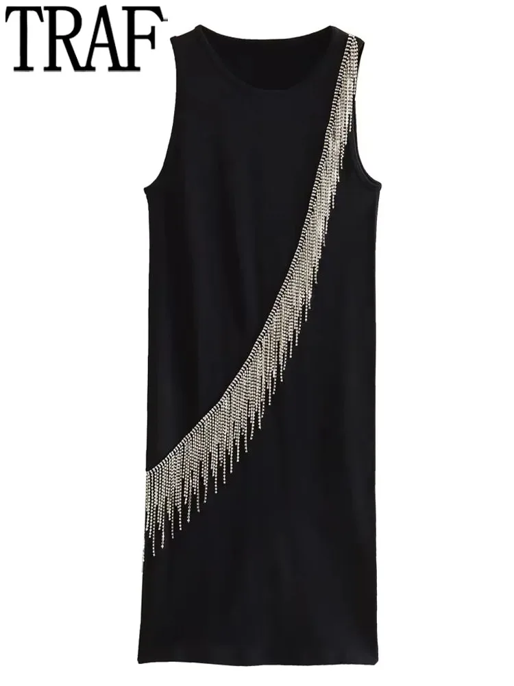 

TRAF Black Fringe Mini Dress Women Rhinestone Bodycon Dress Woman Sleeveless Party Dresses for Women 2023 Summer Evening Dress