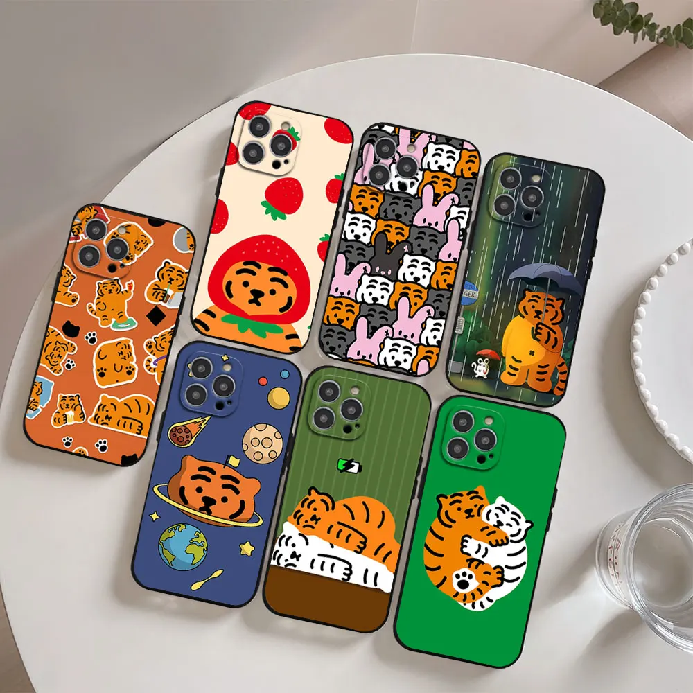 Милый чехол для телефона M-MUZIK T-TIGER iPhone 11 12 13 14 15 16 Max Pro Plus черный мягкий