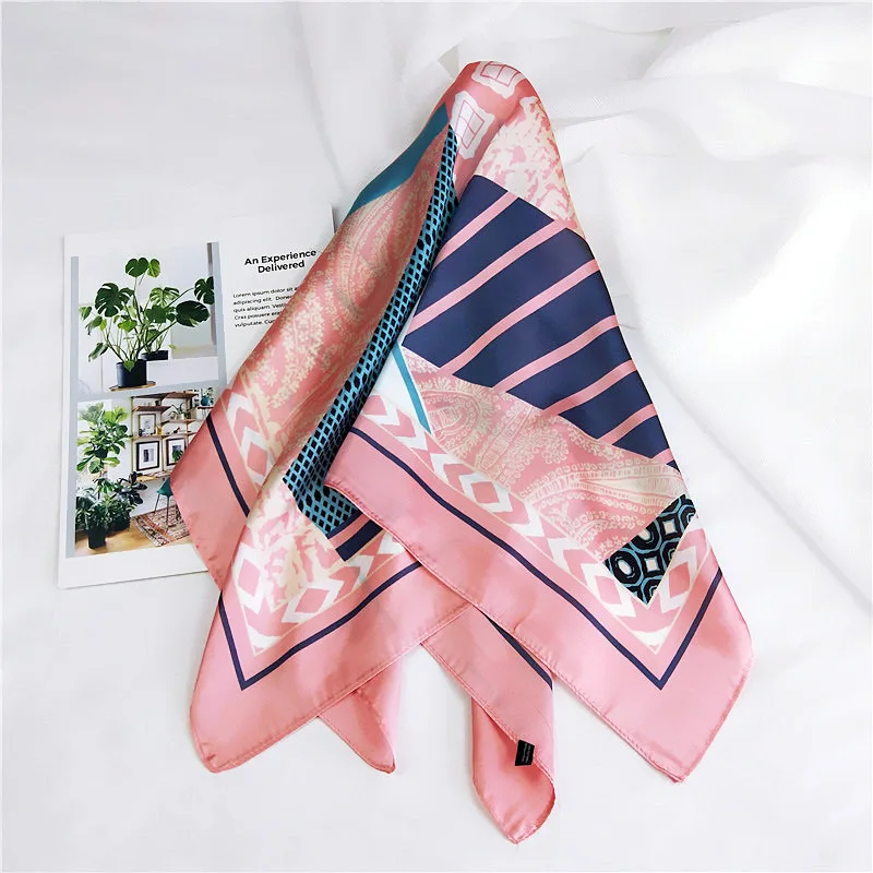 

70*70cm Korean Print Sunscreen Silk Scarves Fashion Kerchief Luxury Headcloth Geometric Lattice Square Shawl bandanna foulard