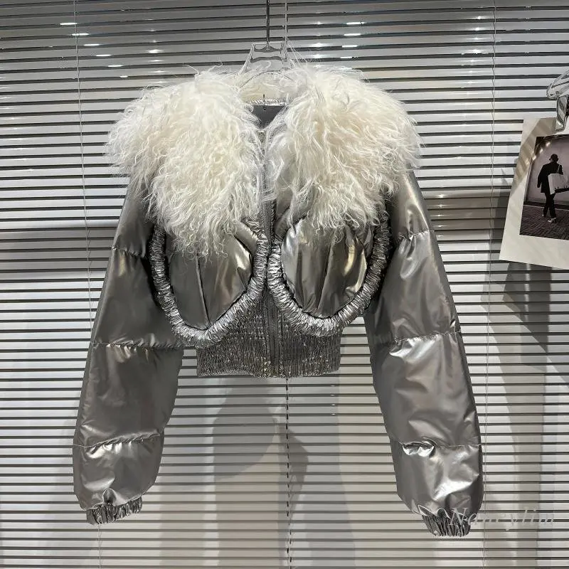 

2022 Winter New Lamb Fur Collar Space Glossy Silver Parka Cropped Short Warm Cotton Coat Women High Waist Cotton Padded Jacket