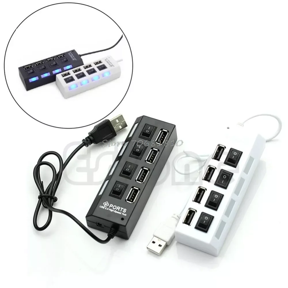 

External Multi Hub Expansion 4 Ports USB 2.0 On/Off Switch LED 480 Mbps Splitter Drop Shipping