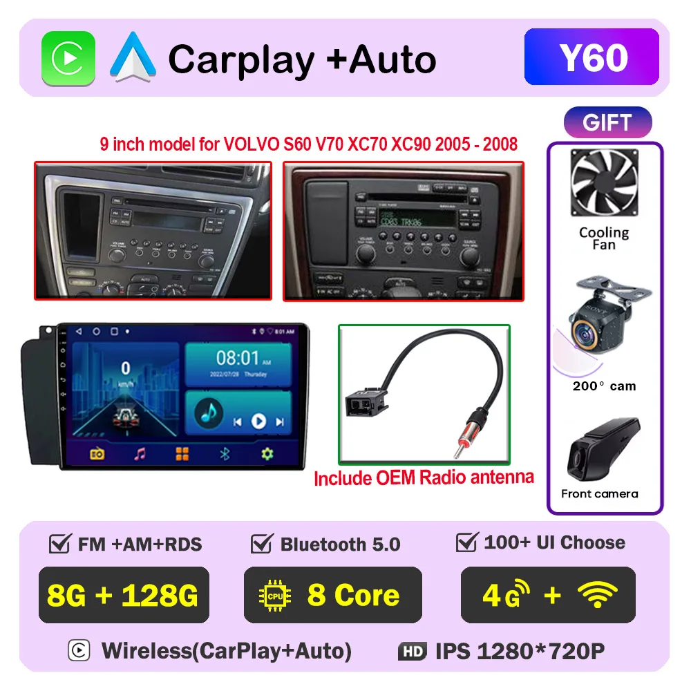 

Автомобильный радиоприемник CarPlay для Volvo XC70 V70 S60 2000-2009 Android Auto Мультимедийный плеер 2din DVD Стерео 8-ядерный авторадио DSP 5G WIFI