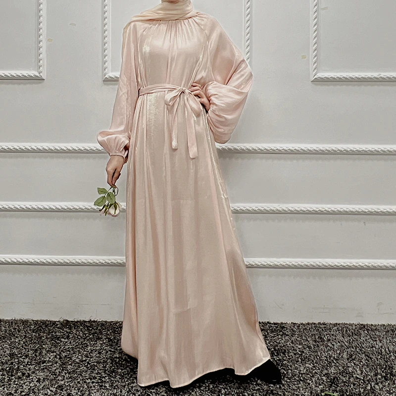 Satin Long Dress Muslim Women Abayas With Puff Sleeves 2022 Plus Size For Hijab Middle East Turkish Arabian Eid Dresses Dubai
