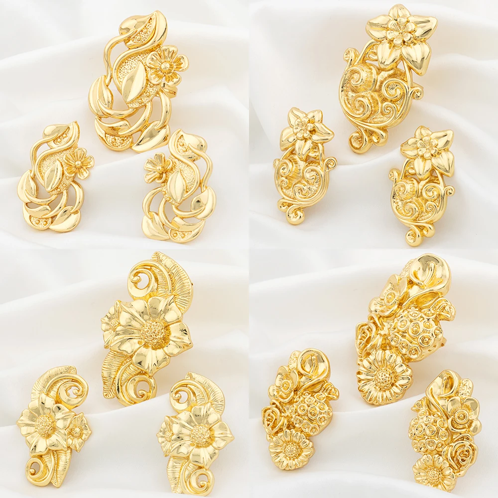 

Gold Color Jewelry Sets for Women African Bridal Wedding Gifts Nigeria Dubai Party Flower Shape Earrings Ring Jewelry Accessorie