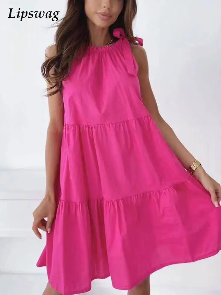 

Summer O-Neck Cotton Linen Party Dress Women 2022 Elegant Loose Mini Dress Ladies Spring Office Casual Sleeveless Pleated Dress