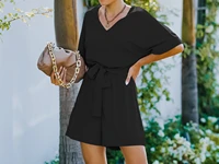 womens 2022 spring and summer new v neck short sleeved jumpsuit women casual commuting office shorts rompers black lady