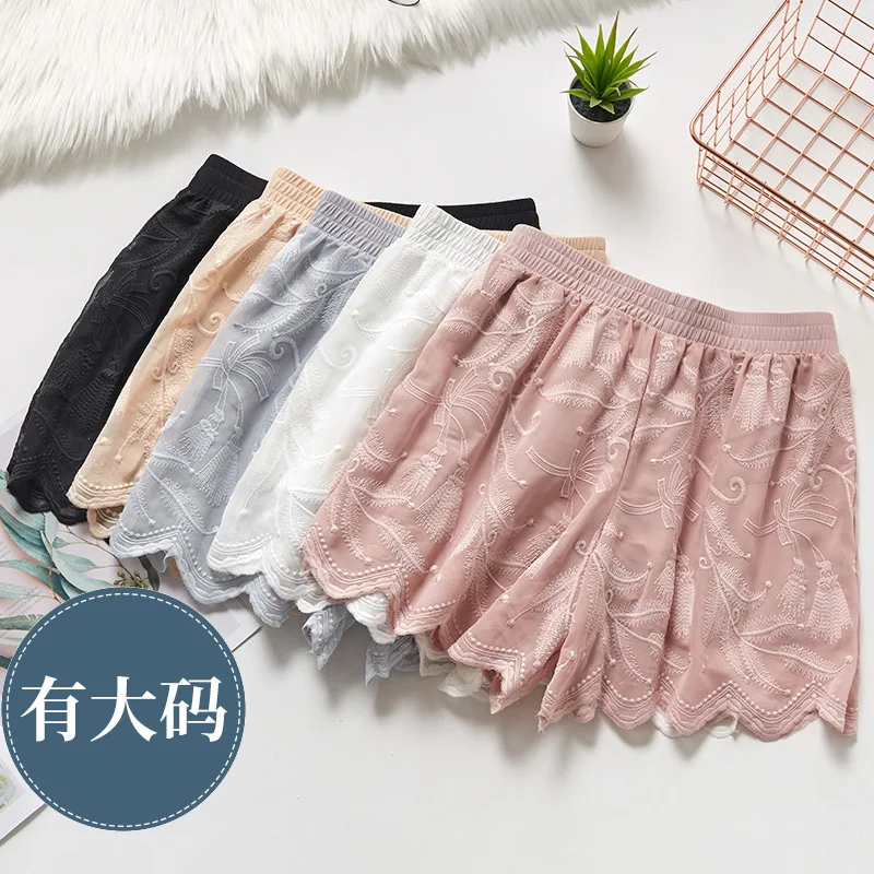Lace mesh embroidery light proof safety pants wear large size lace lined three-part shorts
