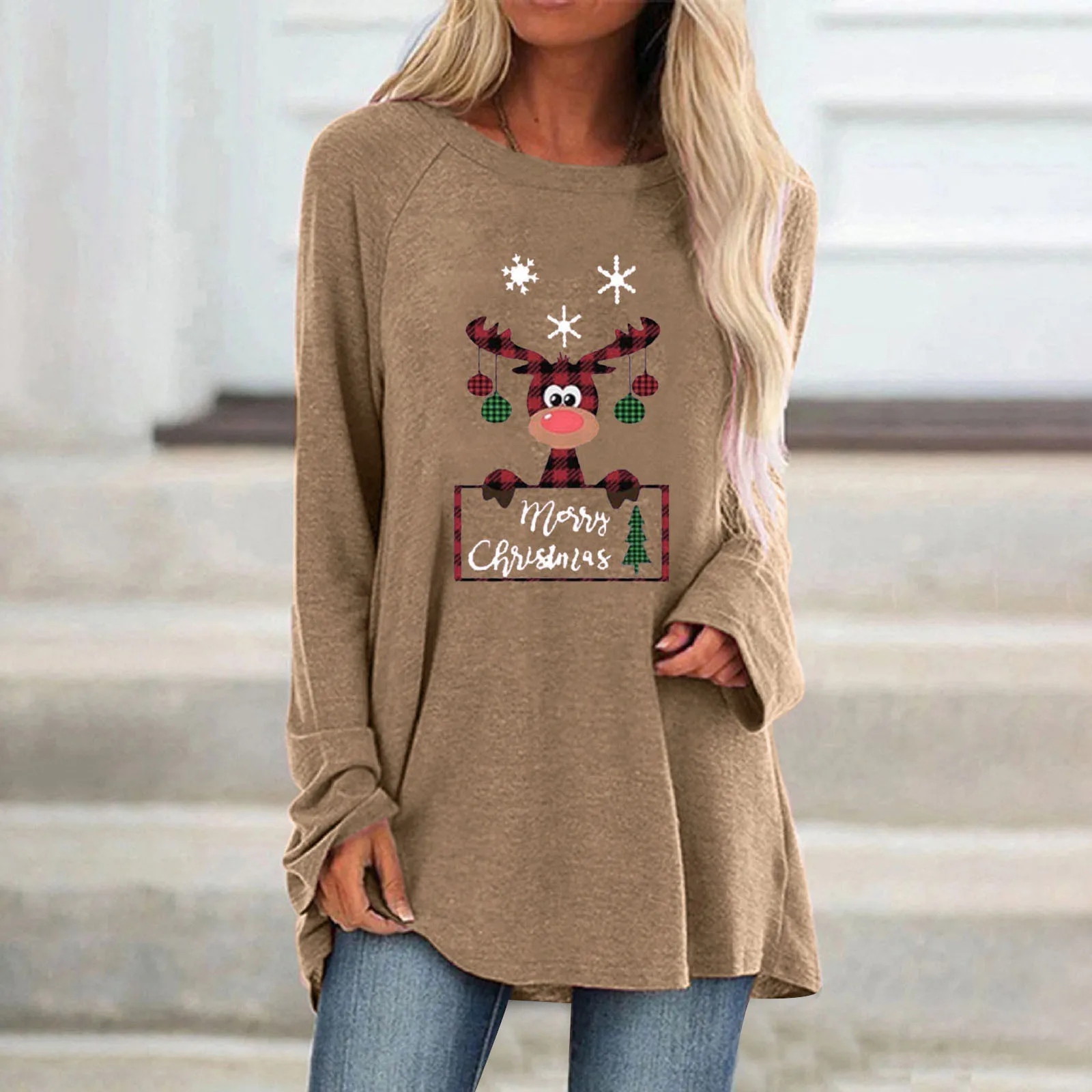 

Женский топ с круглым вырезом и длинным рукавом, Рождественский принт, женские футболки с длинным рукавом, женская спортивная одежда, женск...