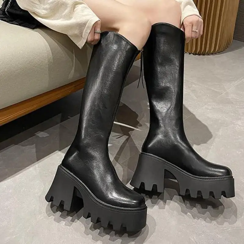 

Женские сапоги до колена на платформе, на толстом каблуке, на молнии, батальных размеров, Осень-зима 2023