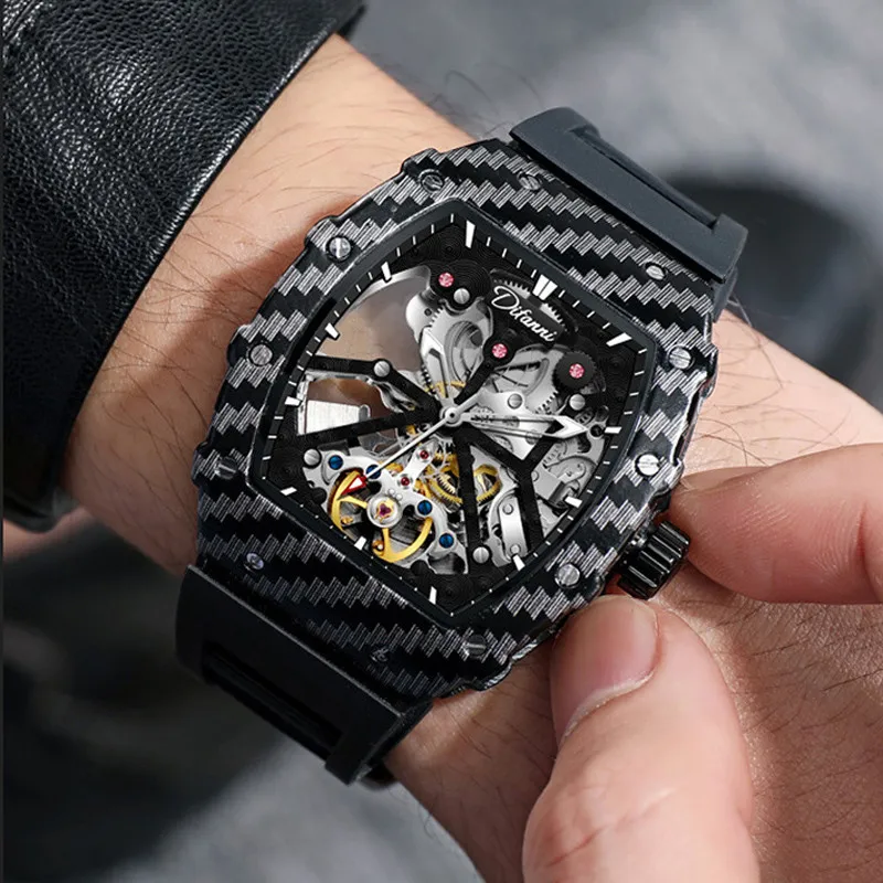 

2023 Watch for Men Skeleton Automatic Mechanical Tourbillon Skeleton Vintage Watch Tonneau Dial Men's Watches Luxury Top Brand