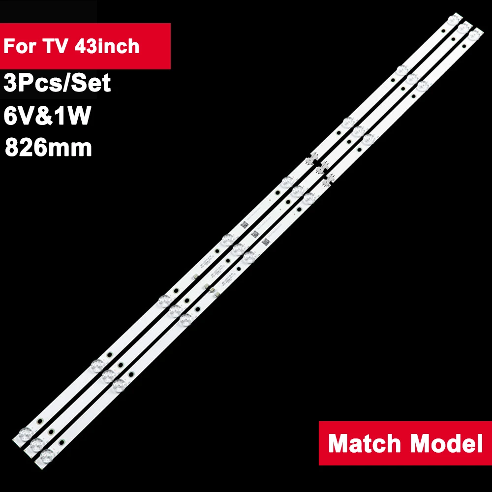 

6V 826mm LED TV Backlight Strip for ATA 43inch MS-L2317-A MS-L2317-B T43 43X600 3Pcs/Set Tv Parts Accessories