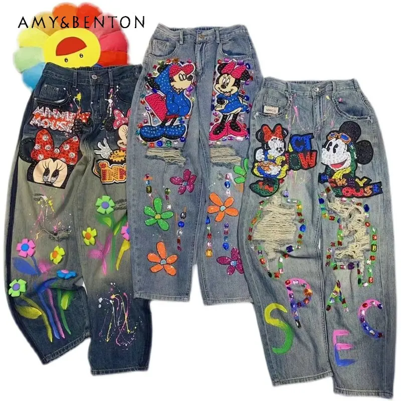 Heavy Industry European Style 2023 Spring Summer Thai Fashion Cartoon Ripped Gem Doodle Hand Drawn Jeans Wide Leg Pants Trousers