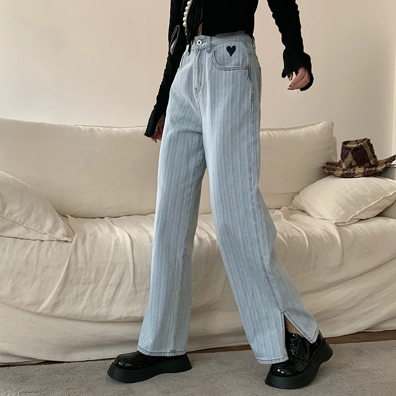 

Vertical Striped Jeans Ladies Love Print Side Split Fashion Trousers Y2k Retro Loose Wild Wide-leg Jeans Women Spring 2022 New