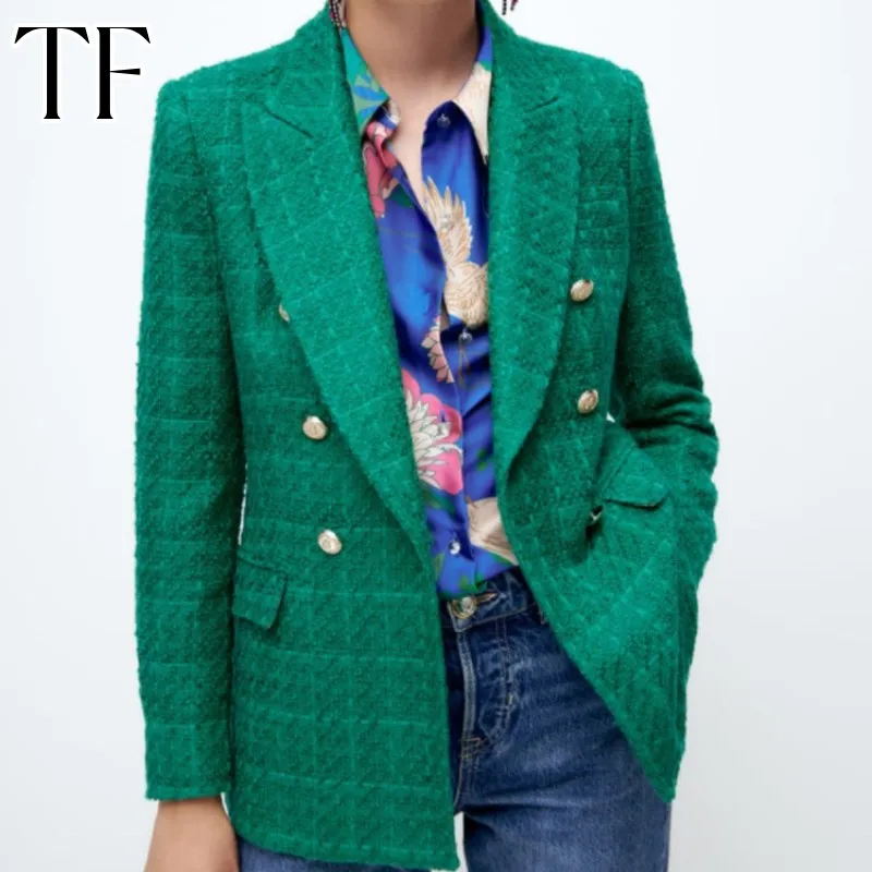 2023 Spring Blazers for Women Clothing Fashion Texture Blazer Suits Vintage Long Sleeve Outerwear V Neck Pocket Chic Green Coats