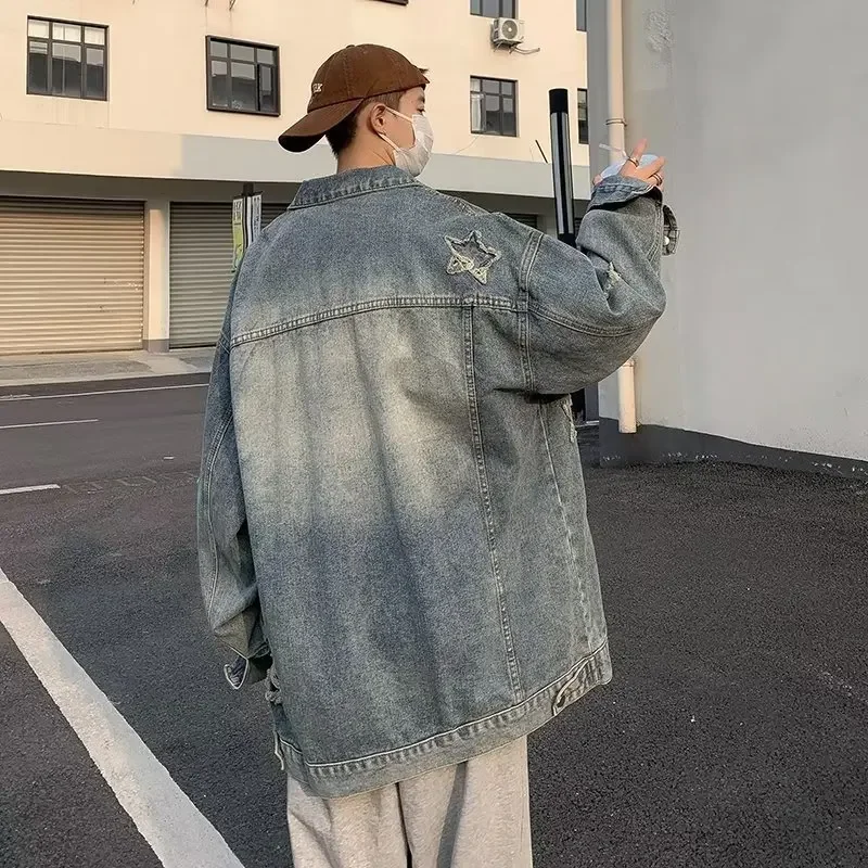 2023 American Style Vintage Denim Jacket For Men Spring Autumn Trendy Brand Washing Gradient Street Clerks Versatile |