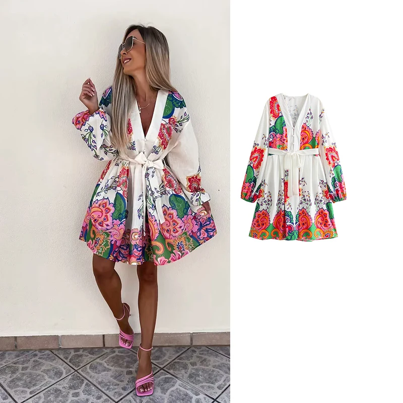 

Платье-мини женское Плиссированное с поясом и принтом