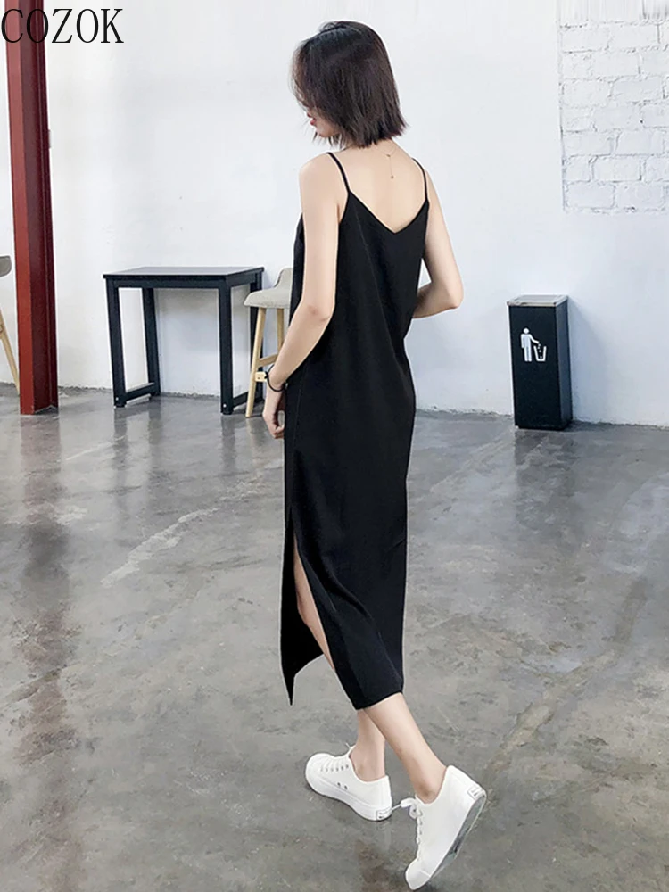 

COZOK Black Camisole Dress Women's Summer Long Slit Sexy Small Black Dress Loose Inner Wear V-neck Chiffon Dress Vest Skirt
