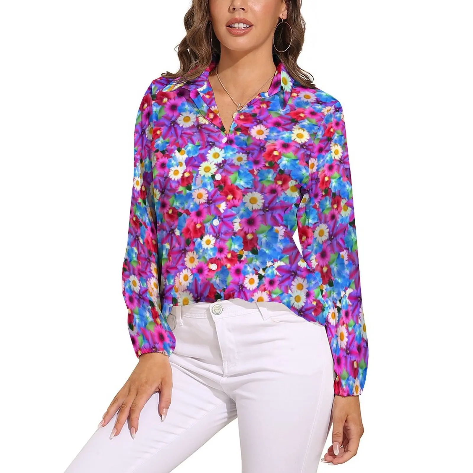 

Flower Power Design Blouse Floral Vintage Design Blouses Female Streetwear Shirts Spring Long-Sleeve Oversized Top