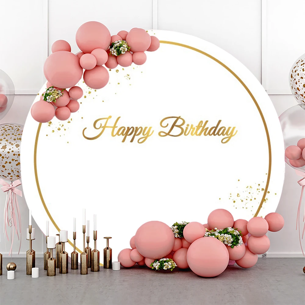 

Happy Birthday White Solid Color Round Backdrop Wedding Baby Shower Name Custom Background Photography Prop Elastic Photocall