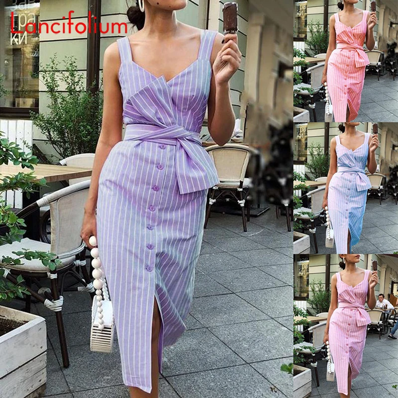 

Женское платье-рубашка в полоску, розовое облегающее длинное элегантное платье средней длины на пуговицах с V-образным вырезом и поясом, мод...