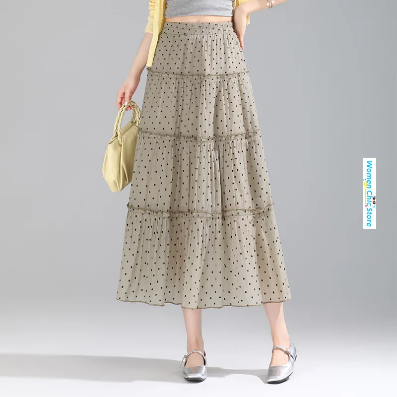 Женская длинная юбка в горошек повседневная черная свободная трапециевидная с