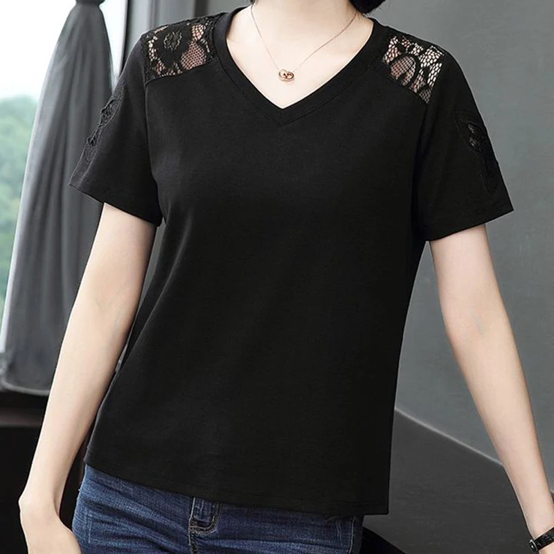 

Women's T-shirt Cotton Short Sleeve Summer New Loose Tops Casual Fashion V-Neck Lace Hollow Out Elegant Floral Female Clothing