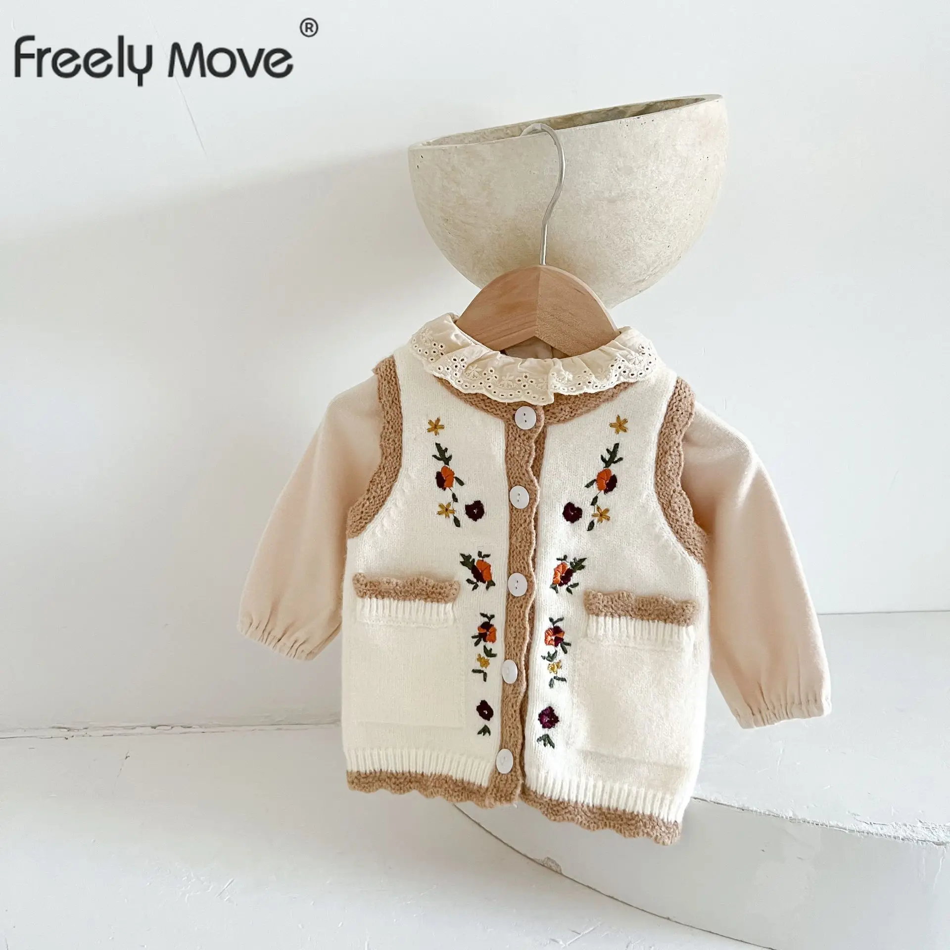 

Freely Move Infants Clothes Sleeveless Knitted Sweater Cardigan Floral Sweet Girls Knit Waistcoats Cute Baby Children's Outwear