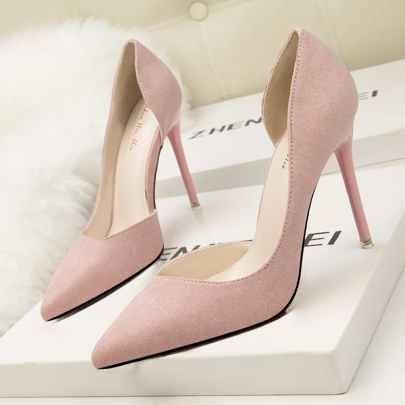 Summer Female Causal Suede Sandals Simple Sexy Slimming Stiletto High Heel Shallow Mouth Pointed Toe Side Cutout Women's Shoes