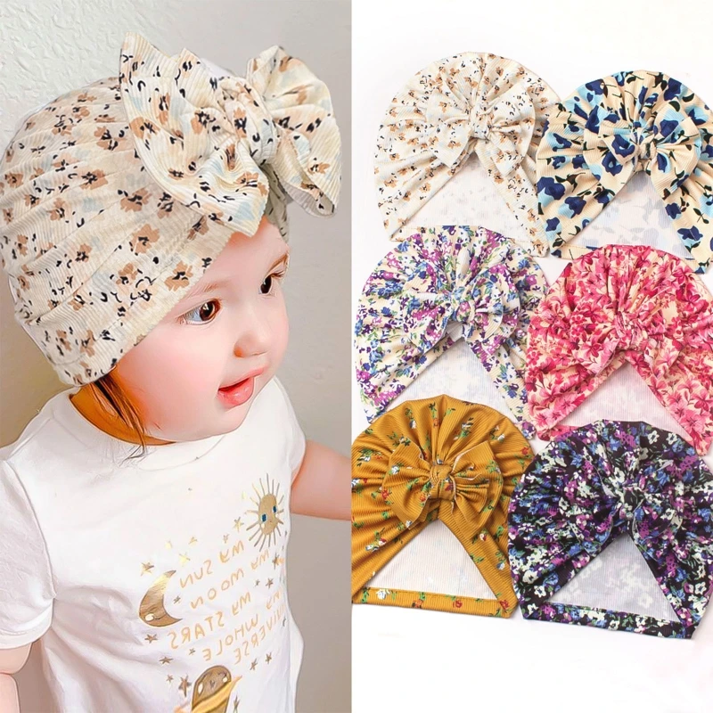 

Baby Fetal Caps Bow Knotted Baby Hat Newborn Hospital Hat Sweet Floral Print Muslim Nursery Beanie Headwrap Baby Turban