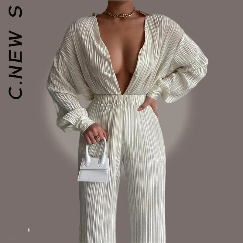 

C.New S Women Set New Elegant Tracksuit Elegant Long Pants Sets Pleated Notched Single-Breasted Two Piece Sets Casual Female