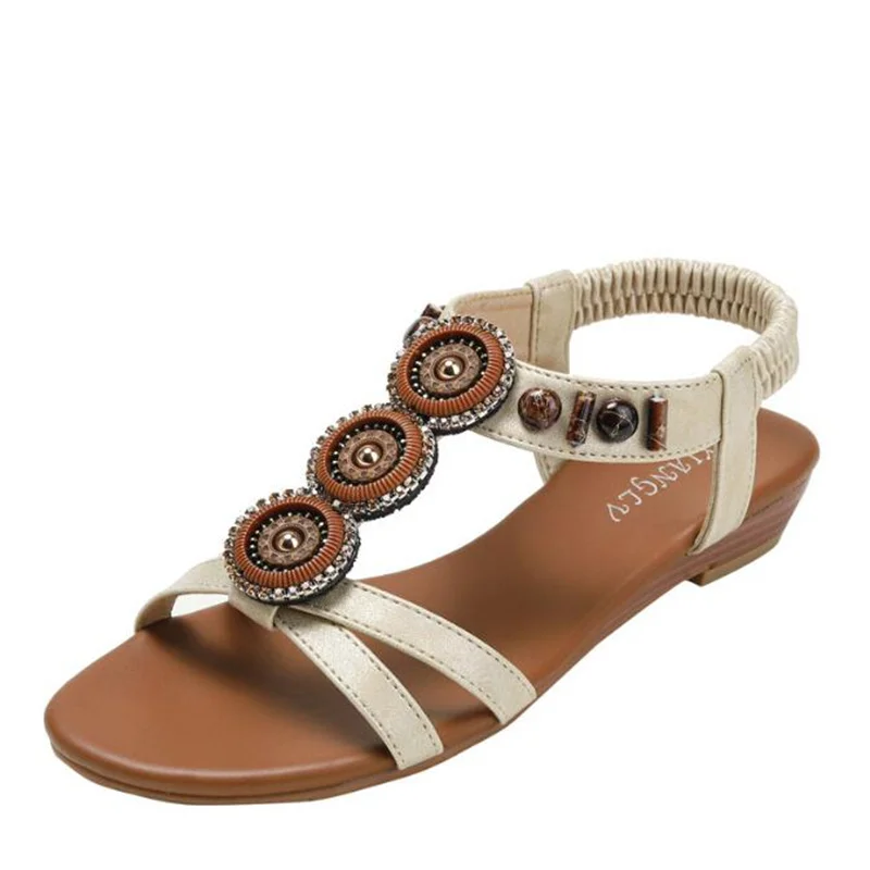 

New2022Ethnic Style Wedge Sandals Summer New Bohemian Beaded Beach Shoes Non-slip Roman Shoes Chain Flat Sandal 42