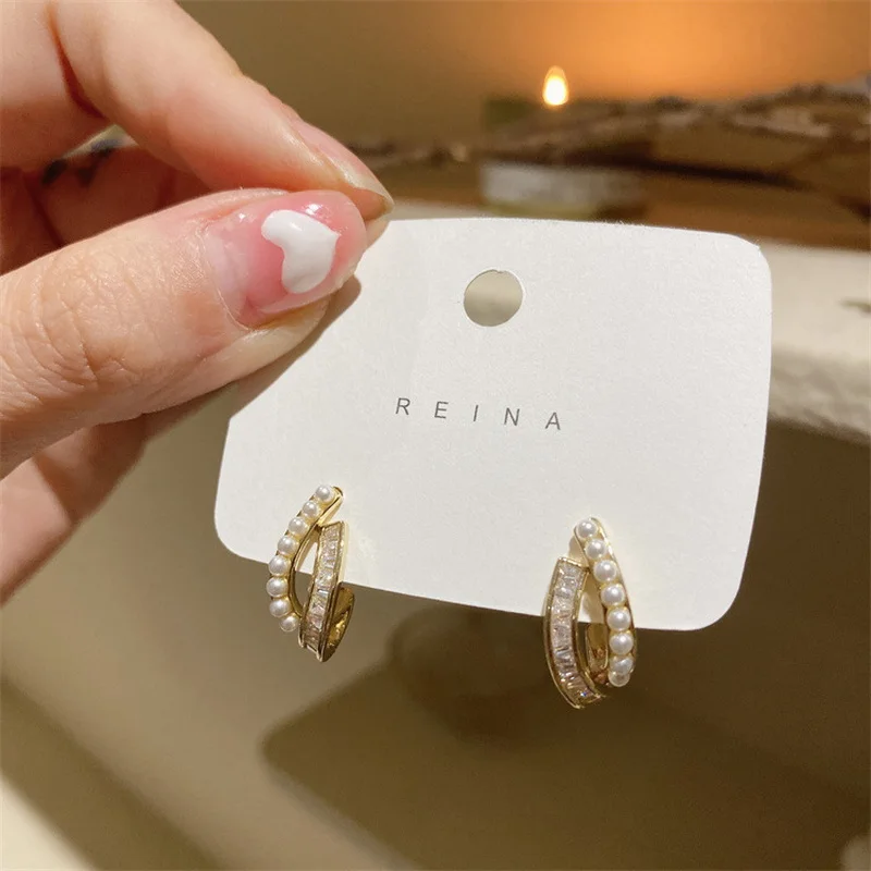 Модные серьги-гвоздики с жемчугом и кристаллом циркония для женщин девушек
